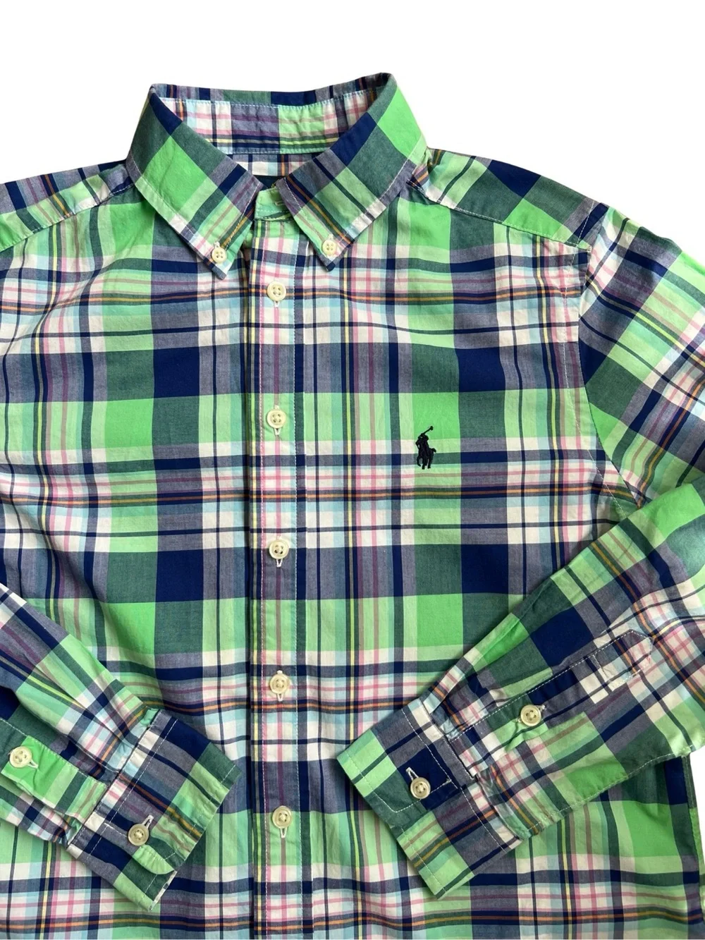 Ralph Lauren Button Down Shirt Boys Medium 10-12 Green Blue Plaid